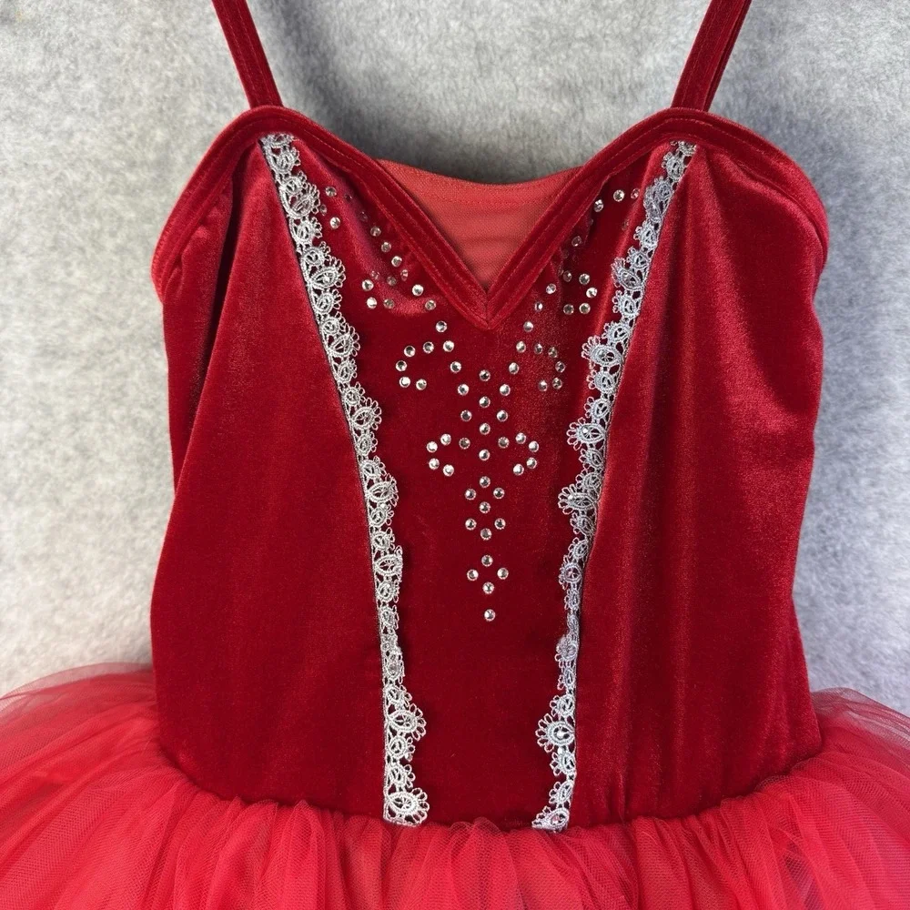 Weissman Ballet Dance Costume Red Tutu Medium Child Rhinestones Glitter Silver